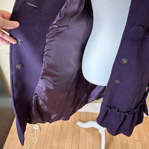 BANANA USA Fur Collar Purple Lined Coat Jacket w Ruffle Tie Belt Size Large - Picture 14 of 16